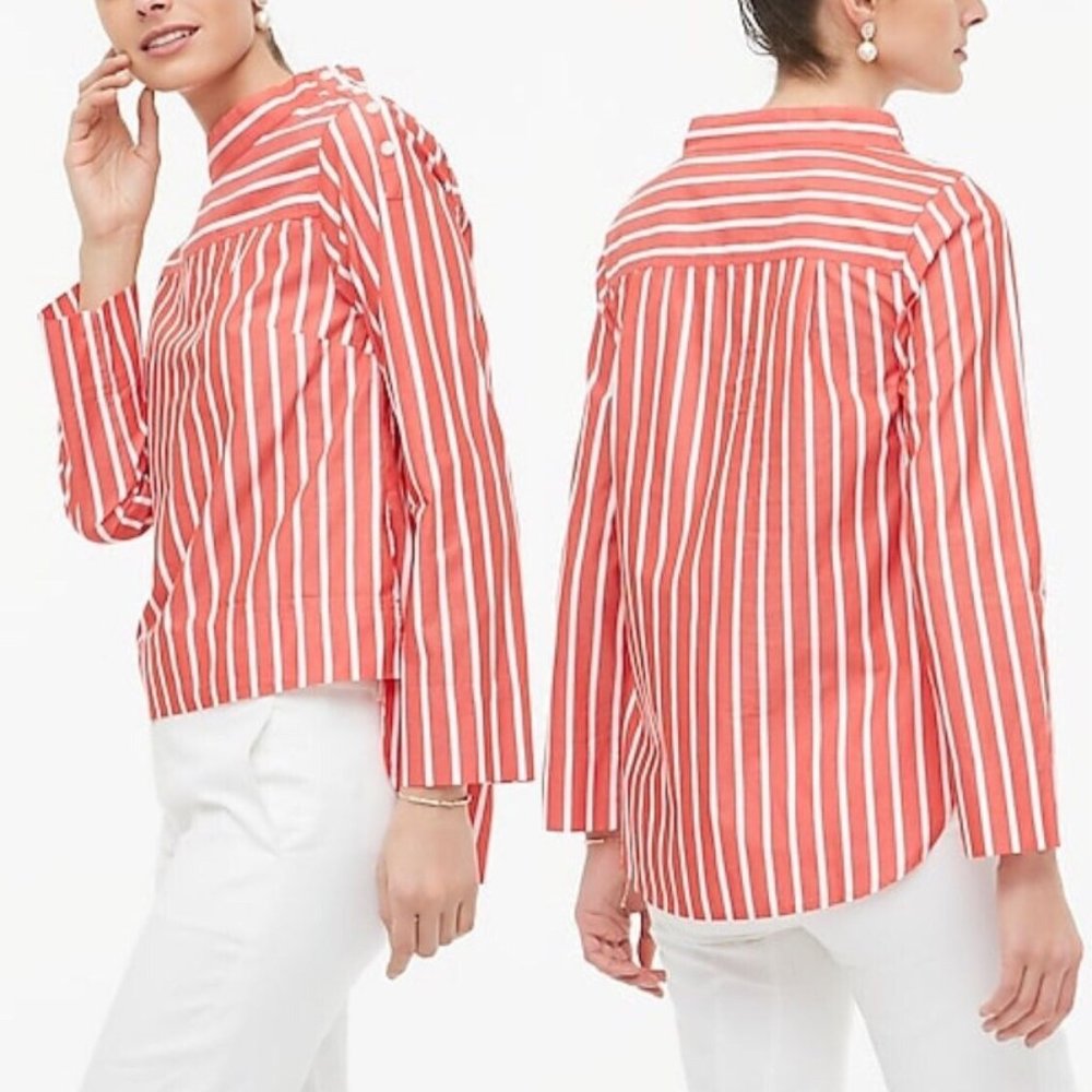 J.Crew Striped Funnel Neck Blouse, 10, Red/White, NWT